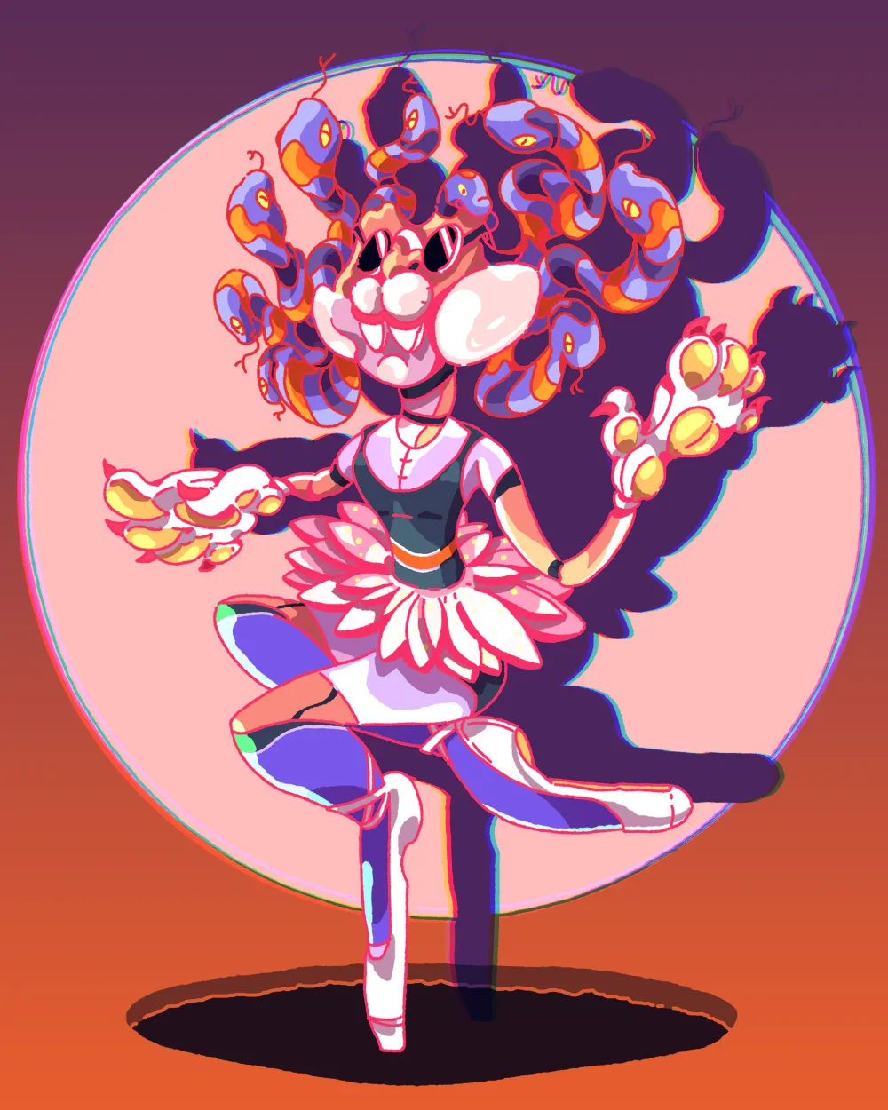 A surreal multi-limbed figure framed by an orange circle